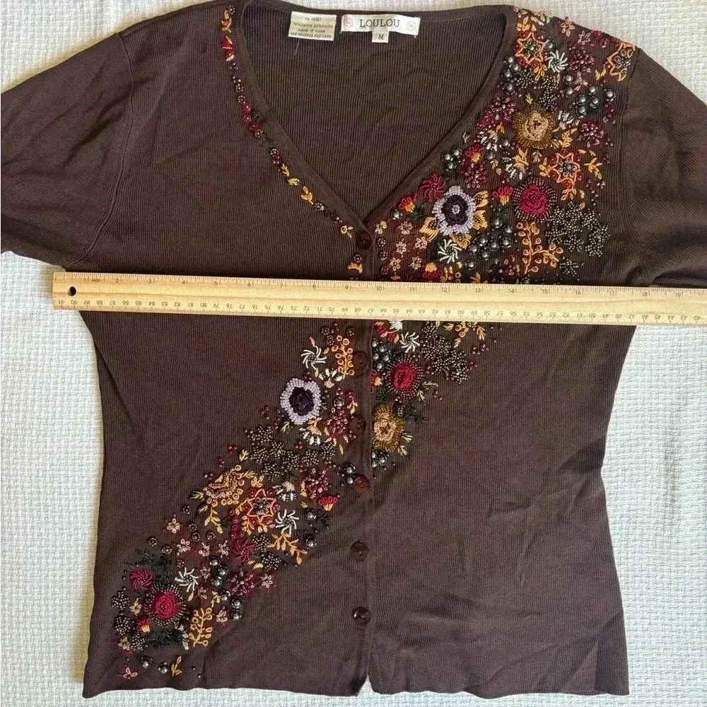 Lou Lou Cardigan Women’s M Choc Brown Beaded Embroidered 90s Y2K Retro Floral - Picture 6 of 6